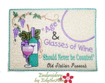 GLASSES OF WINE In The Hoop Whimsical Embroidered Mug Mats/Mug Rugs.   - Digital File - Instant Download