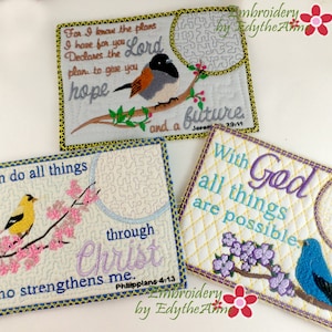 BIRDS of THE AIR Set of 3 In The Hoop Faith Based Embroidered Mug Mats/Mug Rugs-Digital Download image 1