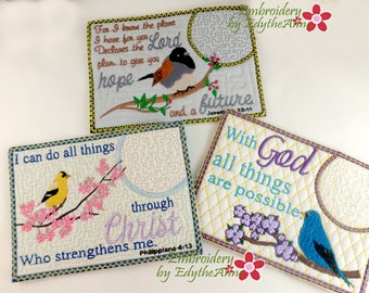 BIRDS of THE AIR Set of 3 In The Hoop Faith Based Embroidered Mug Mats/Mug Rugs-Digital Download