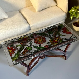 Dollhouse coffee table Miniature etched stained glass look Acrylic furniture