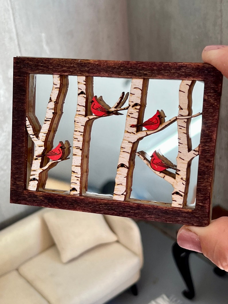 Dollhouse Miniature Mirror Cardinals in Birch Trees - Etsy