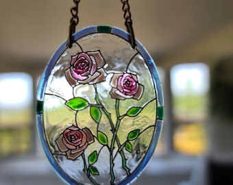 Miniature dollhouse Acrylic Stained Glass look Window suncatcher Pink Roses