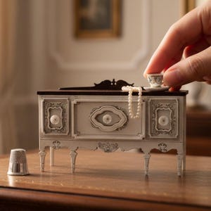May include: A miniature off-white sideboard with a dark brown top, featuring three cabinet doors with central knobs and decorative molding. A string of white faux pearls rests on the top surface next to a tiny teacup and a silver thimble.