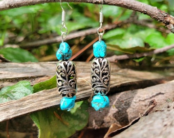 Turquoise howlite and silver drop earrings. Filigree silver earrings. Southwestern earrings. Howlite earrings. Blue and silver drops.