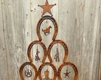 Rustic Horseshoe Christmas Tree WITH ornaments - Rustic, Cowboy, Western - Authentic Horseshoes - Removable Base