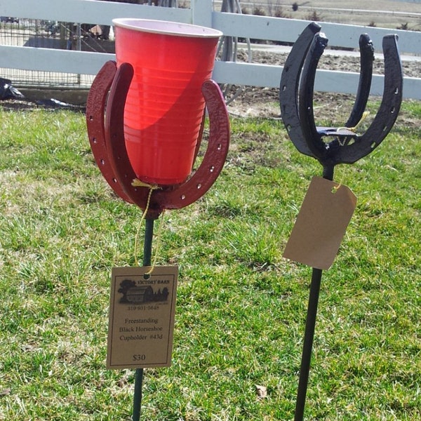 Horseshoe Cup Holder - Red Solo Cup Holder - Cowboy Cup Holder - Cowgirl Cup Holder - Ground Stake or Removable Base