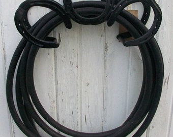 Repurposed Horseshoe Hose Holder - Works for Garden Hose, Air Hose, Ropes, Cords & More!  Great for House, Barn or Trailer!