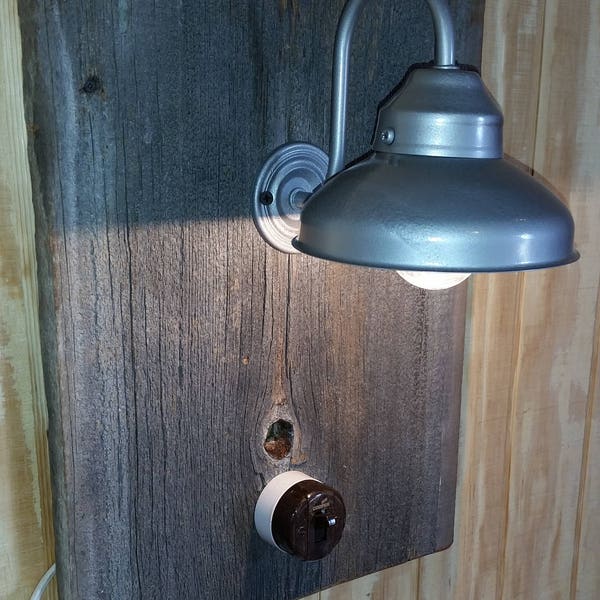 Wall Sconce - Barn Wood - Authentic Gray/Natural Barn Wood Wall Sconce Light with Barn Shade and Vintage Style Switch