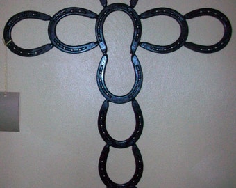 Repurposed Hanging Horseshoe Cross - Great Indoors or Out - Authentic Horseshoes