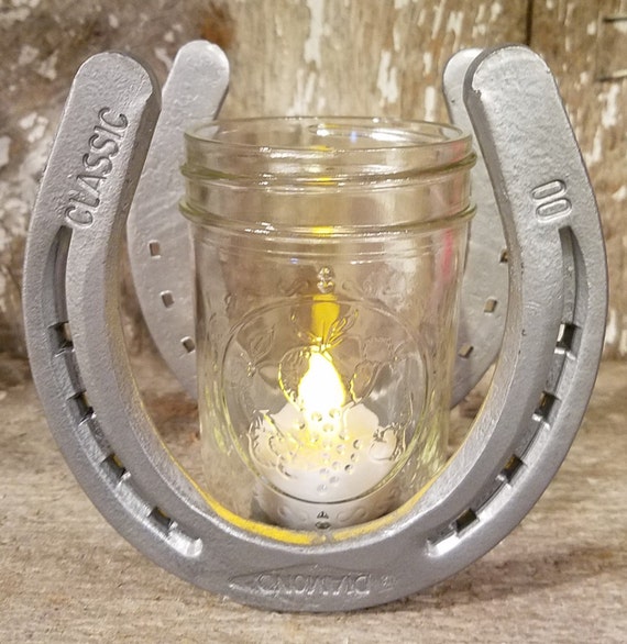 Horseshoe Candle Holder - Authentic Horseshoes with Glass Jar & Battery Operated Candle