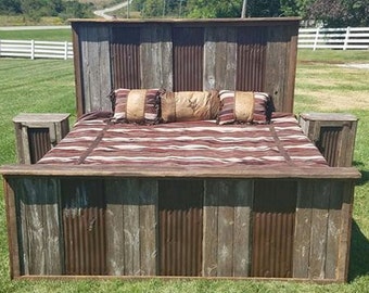 Rustic Bed - "Tin River" Authentic Barn Wood Bed - Complete Set - Headboard, Footboard, Side Rails & 2 Nightstands - Full, Queen or King