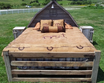 Rustic Authentic Barn Wood Bed - Gray "Barn Bed" w/Gate Footboard, Side Rails and a pair of Nightstands - Full, Queen or King-Other Colors