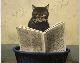 Cat Bathroom Print, 24"x30" or 8"x10", Bathroom Wall Art, Cat Sitting in Litter Box Reading A Newspaper, Instant Download, Cat Lover Gift