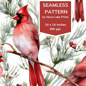 May include: A seamless pattern featuring watercolor illustrations of red cardinals perched on branches with green pine needles and red berries. The pattern is 14 x 14 inches and 300 ppi. "SEAMLESS PATTERN by Heron Lake Prints" is written in red text on a white background.
