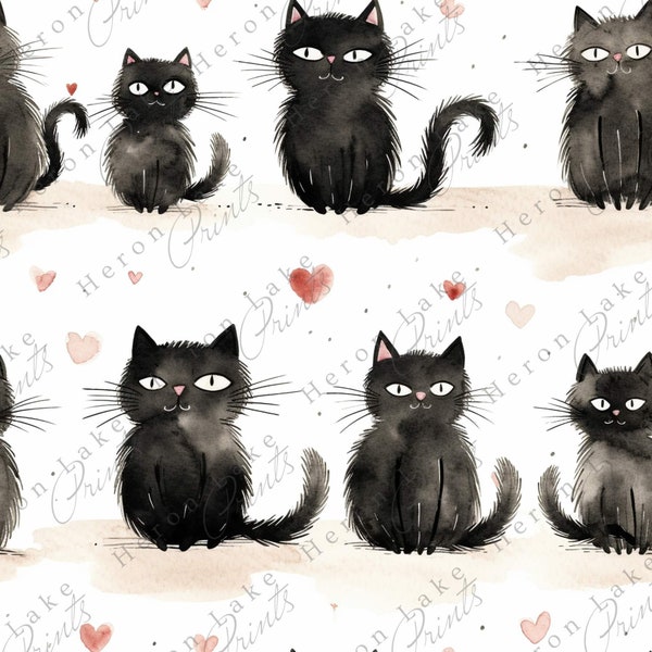 Watercolor Black Cats and Hearts Seamless Pattern Repeat Tile, for Textiles, Crafts, Scrapbooking, Pet Digital Paper Fabric INSTANT DOWNLOAD