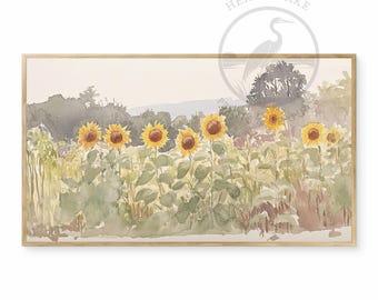 Watercolor Sunflower Garden Scene: Samsung Frame TV Art (Digital Download)