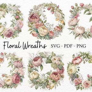 Zes bloemenkransen, illustraties in SVG-, PDF- en PNG-formaten, gedetailleerd, vrouwelijke bloemen, Cottagecore, Shabby Vintage, scrapbooking, kaarten maken