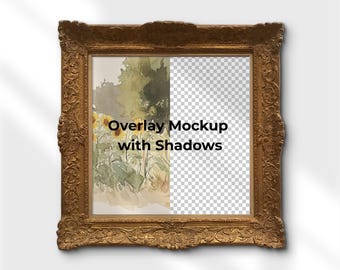 Op de afbeelding: Een gouden, sierlijke fotolijst met een aquarel van zonnebloemen erin. De lijst heeft een transparante overlay met de tekst "Overlay Mockup with Shadows".