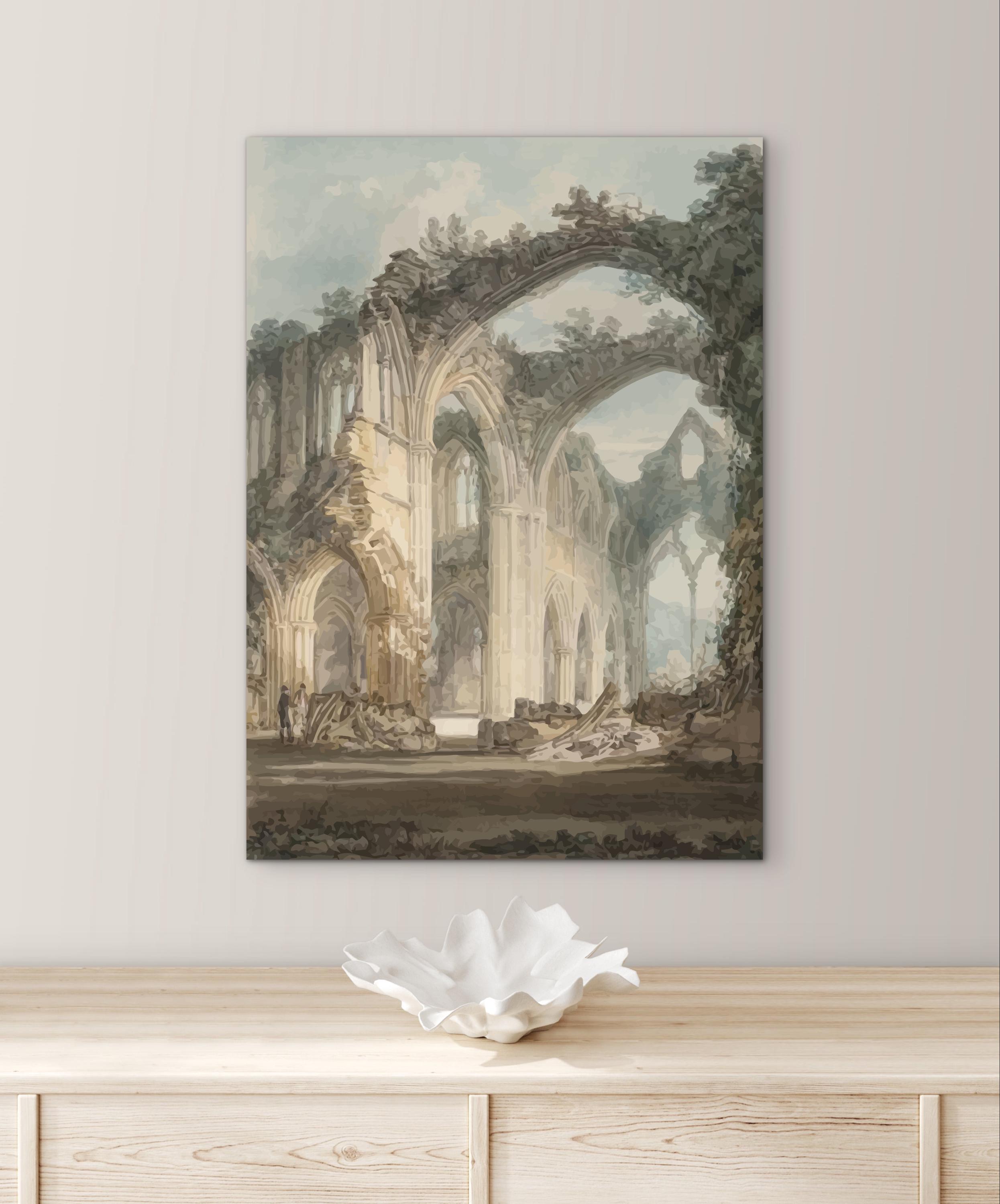 1794年の大聖堂の廃墟を描いたビンテージ絵画（ニュートラルトーンで