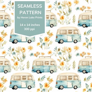 Camper retrô e flores, cores pastel, ladrilho de padrão de repetição sem costura, trailers retrô, download de design de acampamento, padrão de RV vintage para artesanato