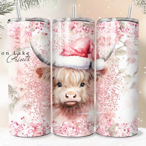 Shabby Chic Floral Pink Christmas Baby Highland Cow, Girly Feminine, 20 onces Straight Tumbler Sublimation PNG fichier, TÉLÉCHARGEMENT INSTANTANÉ