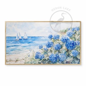 Watercolor Blue Hydrangeas & Sailboats, Soft Bright Blue Tones, Samsung Gallery Frame Art TV or Gallery TV 4k 16:9 Art for Television