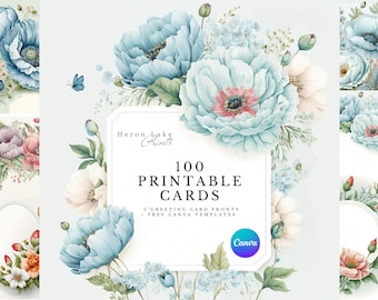 Printable Floral Cards: 100 Unique Art Designs, CANVA Templates (JPG-PNG Bundle)