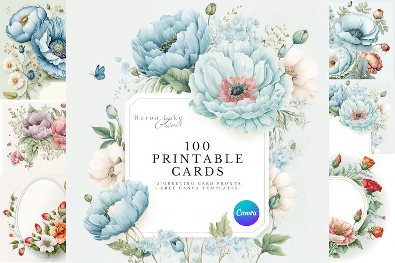 Printable Floral Cards: 100 Unique Art Designs, CANVA Templates (JPG ...