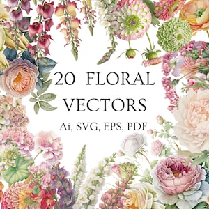 Jardin de fleurs SVG-Ai-EPS-PDF, vecteurs floraux, 20 fleurs, dessins originaux de fleurs, jardin fleurs Clip Art, Cottage Garden Clip Art