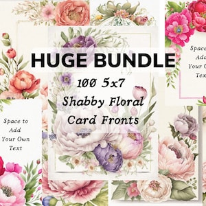 Wydrukowane karty Shabby Floral 5x7", pakiet JPG-PNG, zestaw 100 sztuk, oryginalne karty z grafiką kwiatową, domowe zaproszenie, karty na ostatnią chwilę, wesele