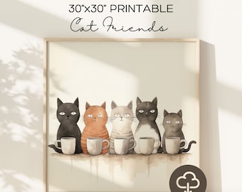 Cats and Coffee, INSTANT DOWNLOAD, Drawing of Cute Cats with Coffee, Large Wall Art, Printable up to 30", Gift for Cat and Coffee Lovers
