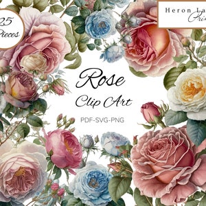 Shabby Chic Rose Clip Art PNG-SVG-PDF, 25 pezzi, clipart per carte, scrapbooking, diari spazzatura, artigianato, inviti, lavoretti con la carta