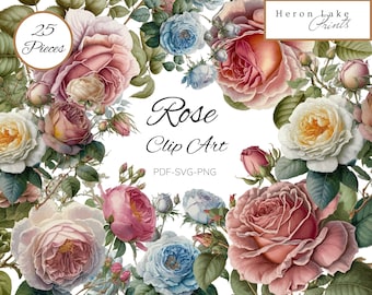 May include: A digital clip art set of 25 vintage-style roses in various shades of pink, white, and blue. The roses are arranged in a bouquet with green leaves and stems. The text "Rose Clip Art" and "PDF-SVG-PNG" is displayed below the bouquet.