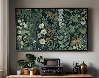 Marco floral para TV de William Morris: Impresión botánica verde (descarga instantánea)