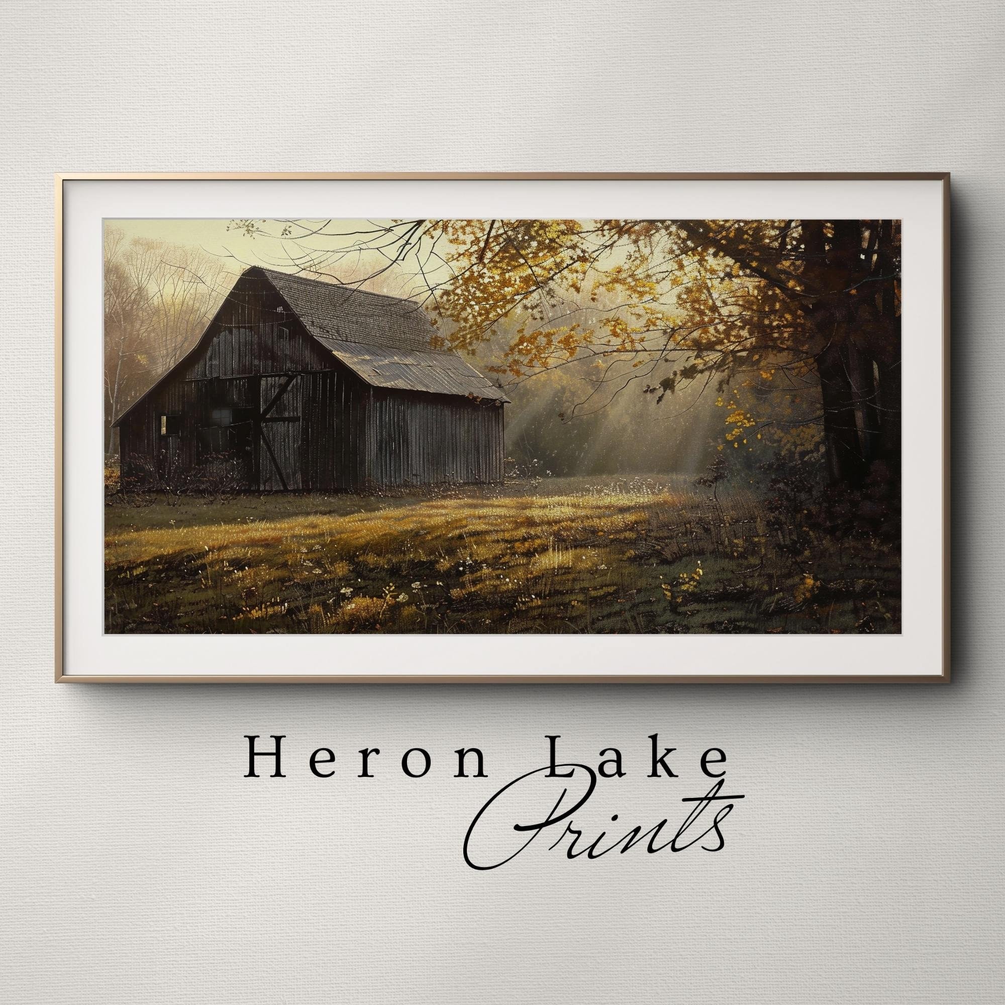 40s 50s バンビ ＆ サンバー ビンテージ 絵画 W.D.P. Vintage Barn Landscape Painting for Samsung Frame TV (instant