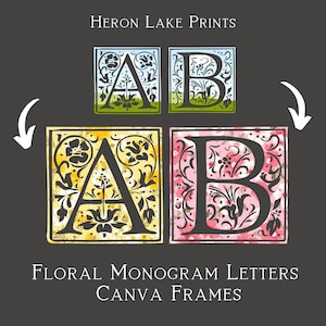 Marcos CANVA Letras mayúsculas florales, Monograma del alfabeto Marcos de letras CANVA, Formas de plantillas de Canva, Impresión bajo demanda o elaboración, Soltar y arrastrar