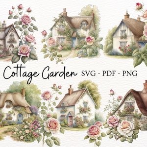 Zes Cottage Gardens, illustraties in SVG-, PDF- en PNG-formaten, vrouwelijke bloemen, Cottagecore, Shabby Vintage, Scrapbooking, kaarten maken