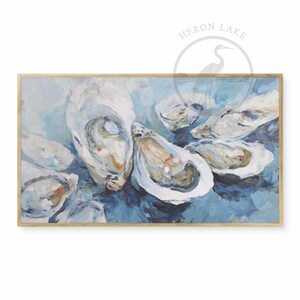 May include: A painting of oysters on a blue background. The oysters are arranged in a cluster, with some open and some closed. The painting is done in a loose, impressionistic style, with brushstrokes visible throughout. The colors are muted and soft, with shades of blue, white, and gray.