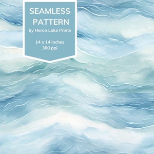 Puede incluir: Patrón sin costuras de olas de acuarela azul y blanco. El patrón es de 14 x 14 pulgadas y 300 ppp. El patrón es de Heron Lake Prints.