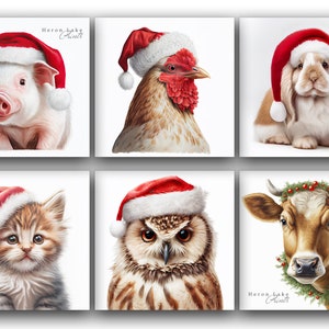 Six Square  Christmas Farm Animals Wall Art Gallery Set | Funny and Cute | Print up to 30 inches x 30 inches | Digital Prints