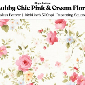 Shabby Chic Pink & Cream Floral Seamless Pattern Square 14x14 inch 300ppi  JPEG, Paper Crafts, Fabric, Stationary, Wrapping Paper DOWNLOAD
