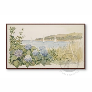 Watercolor Blue Hydrangeas & Sailboats, Soft Neutral Tones, Samsung Gallery Frame TV or Gallery TV 4k 16:9 Art for Television 8k file too