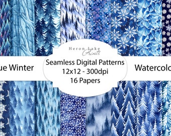 Watercolor Blue Winter Seamless Collection | 16 Digital Patterns-Papers | Blue White | Trees & Snowflakes