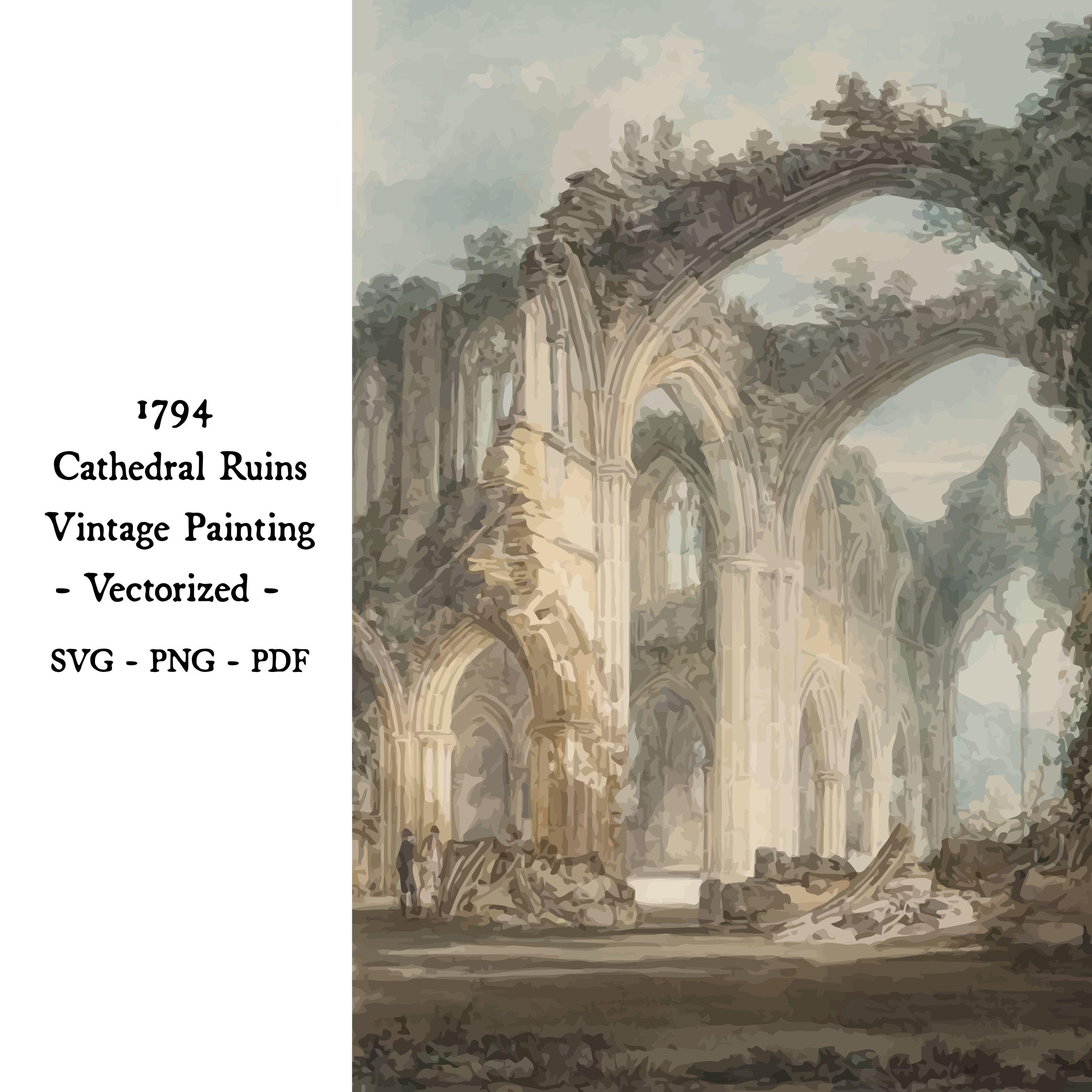 1794年の大聖堂の廃墟を描いたビンテージ絵画（ニュートラルトーンで