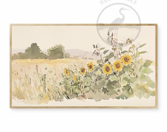 Watercolor Sunflower Garden Scene: Neutral Tones TV Art (Digital Download)
