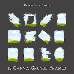 May include: Twelve Canva grunge frames with a green landscape, blue sky, and white cloud design. The frames are in various shapes and sizes, including squares, rectangles, and ovals.