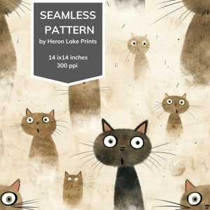 Aquarelle Chats Funny Surprised Seamless Pattern, Impression à la demande, Utilisation commerciale, Utilisation pour l’impression de textiles, Artisanat en papier,