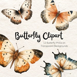 Butterfly Clipart, 12 Autumn Colored Butterflies on Transparent Background, PNG, Watercolor,