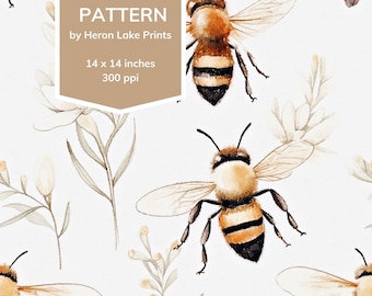 Watercolor Honey Bees Neutral Tones Seamless Pattern, Print on Demand, Commercial Use, Use for Printing Textiles, Paper Crafts Nursery Decor