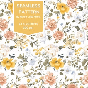 Mustard and Peachy Pink Floral Seamless Repeat Pattern, Ditsy Style, Print on Fabric, Crafts, POD, Commercial use